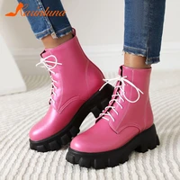 karinluna hot sale popular ladies lace up round toe chunky heels boots solid platform cross tied ankle boots women