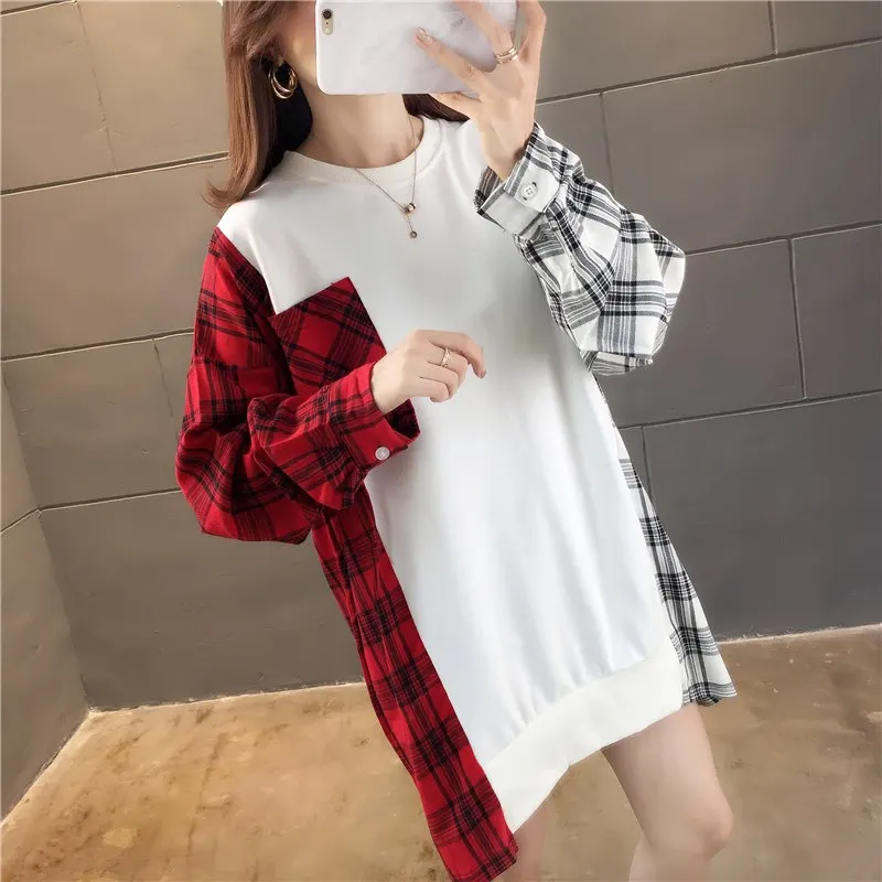 

Hoodies Women O-neck Patchwork Simple All-macth Korean Style Harajuku Plaid Hip Hop Girls Oversized Pullover Leisure Sweatshirts