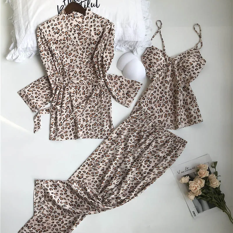 

3PCS Women Pajamas Set Lady Emulation Silk Pyjama Sets Flower Sleepwear Female Leopard Satin Homewear With Removable Padded