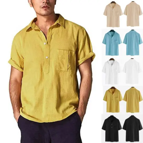 Рубашка Мужская льняная с коротким рукавом Повседневная Свободная сорочка в