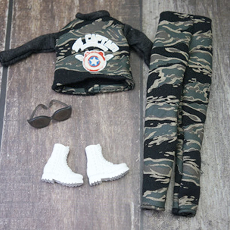 

1/6 Dolls Accessories Camouflage Army Outfits For Barbie Doll Clothes Set For Barbie Crop Shirt Pants Shoes Glasses Kids Toys