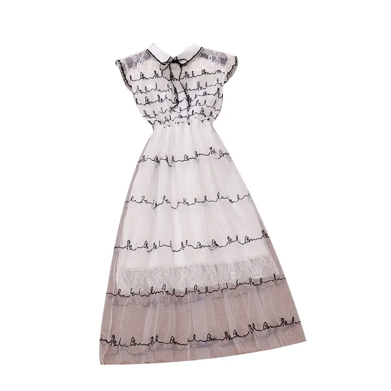 

2021 summer new women stand collar sequins ruffles lace with gauze A-line dress female Chic elegant waist mesh dresses