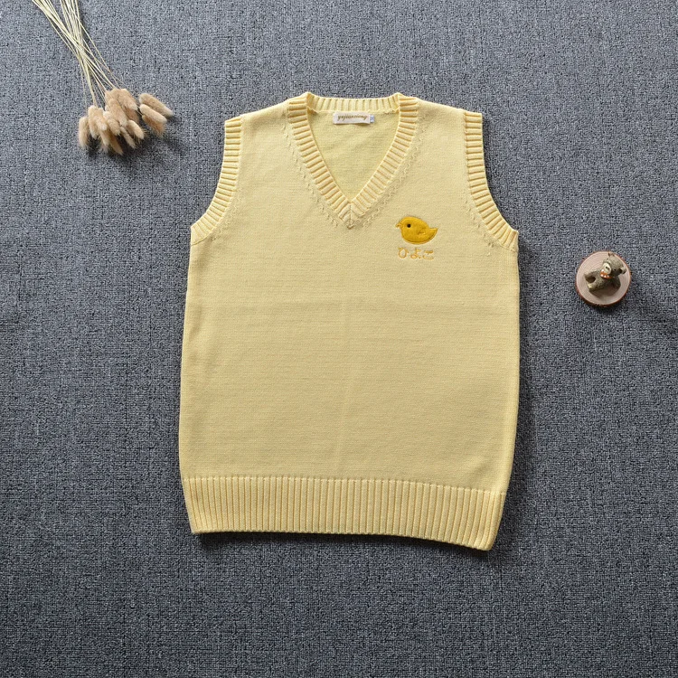 

New Japanese Embroidery Chick Pattern Cute Knitted Vest Cotton School Girls Uniform Jk Sweet Cute Sleeveless Sweater Yellow Vest