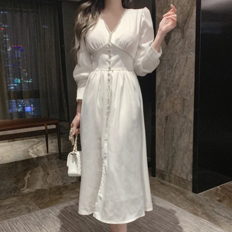 

Korean chic elegant temperament V-neck chic single breasted pleated waist mid long bubble sleeve dress