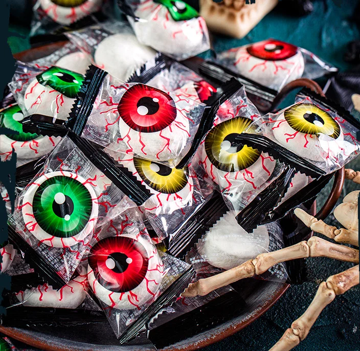 Candys de Halloween de 300g/500g/1000g, bolsa creativa con forma de globo ocular, Spoof Marshmallow, Snacks de caramelo a granel, cabeza de calabaza, Fudge de Horror-5