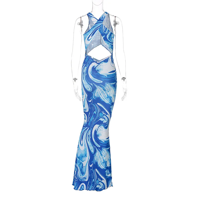 

Fashion Print Cut-Out Ruched Maxi Dress Holiday Women Club Party 2021 Summer Long Sleeveless Backless Dresses New