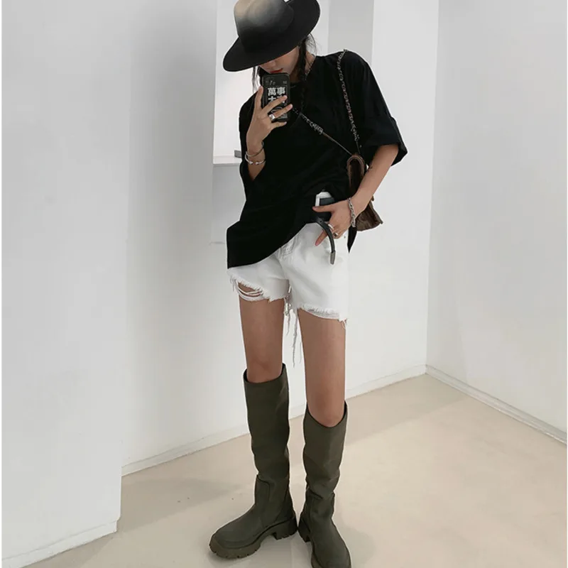 

IEQJ Women Black Minimalism Casual All-match Burr Wide Leg Shorts New High Waist Loose Fashion Tide Spring Summer 2021 3F1204