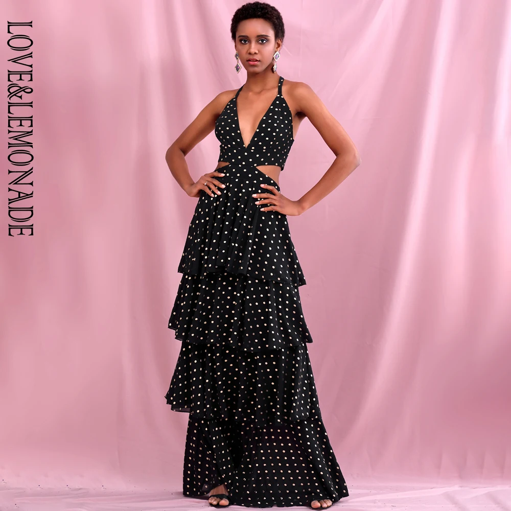Женское пляжное платье LOVE & LEMONADE черное шифоновое макси в Золотой горошек с v