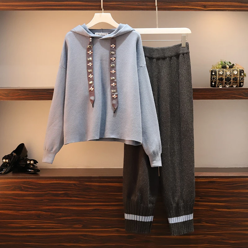 Blue Женский спортивный костюм большого размера плюс XL-5XL, спортивный костюм, свитер с капюшоном+ штаны, комплект из двух предметов, топ и штаны, спортивная одежда, теплый комплект - Цвет: Blue