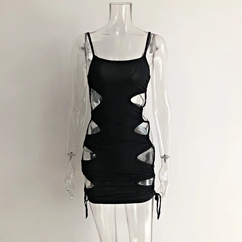 

2021 New Arrival Bodycon Hollow One Shoulder Side Slit Lace Up Sexy Spaghetti Strap Skinny Bandage Dress for Women Club Party