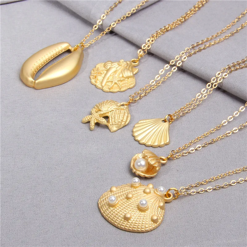 Женское золотистое ожерелье в стиле бохо из ракушек и колье сплава летняя