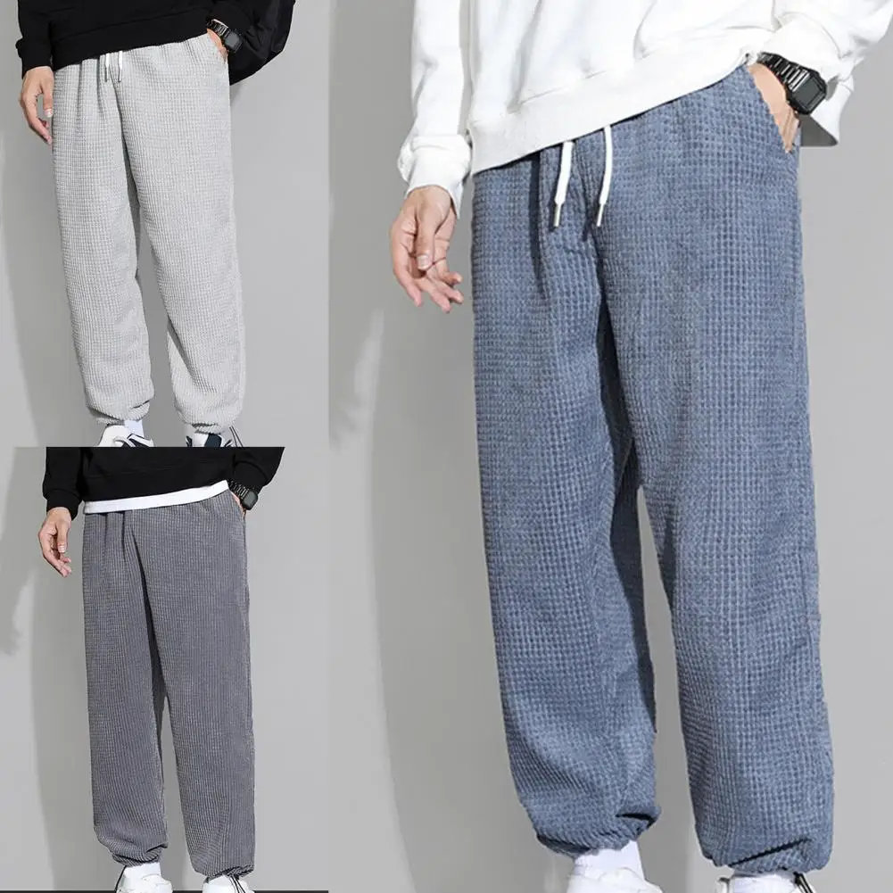 

Men Pants Solid Color Elastic Waist Drawstring Ankle Banded Jogging Trousers for Daily Wear