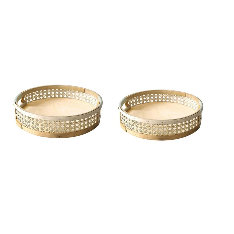 

2PC Rattan Serving Tray Round Dessert Plate Picnic Desserts Fruit Display Organizer Platter Kitchen Decor, Small & Large