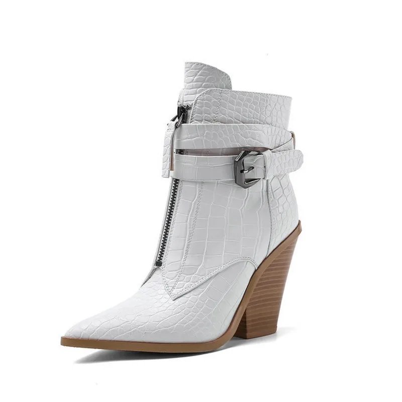 

Thick High Heel Pointed Toe Boots Women Winter Warm Short Plush Wedges Ankle Boots Snake Print