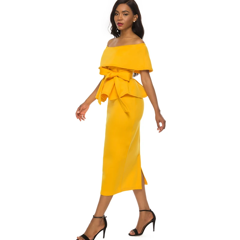 Женский комплект юбка топ с баской блузка открытыми плечами желтый два предмета