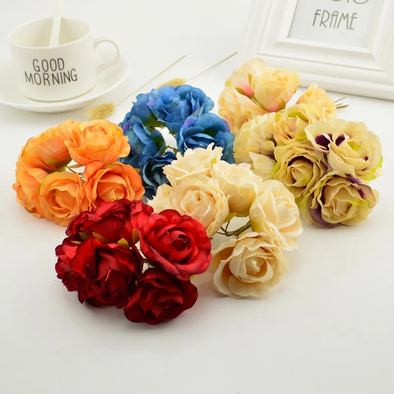 6 штук розового шелка недорогие Искусственные цветы Свадебный букет Скрапбукинг