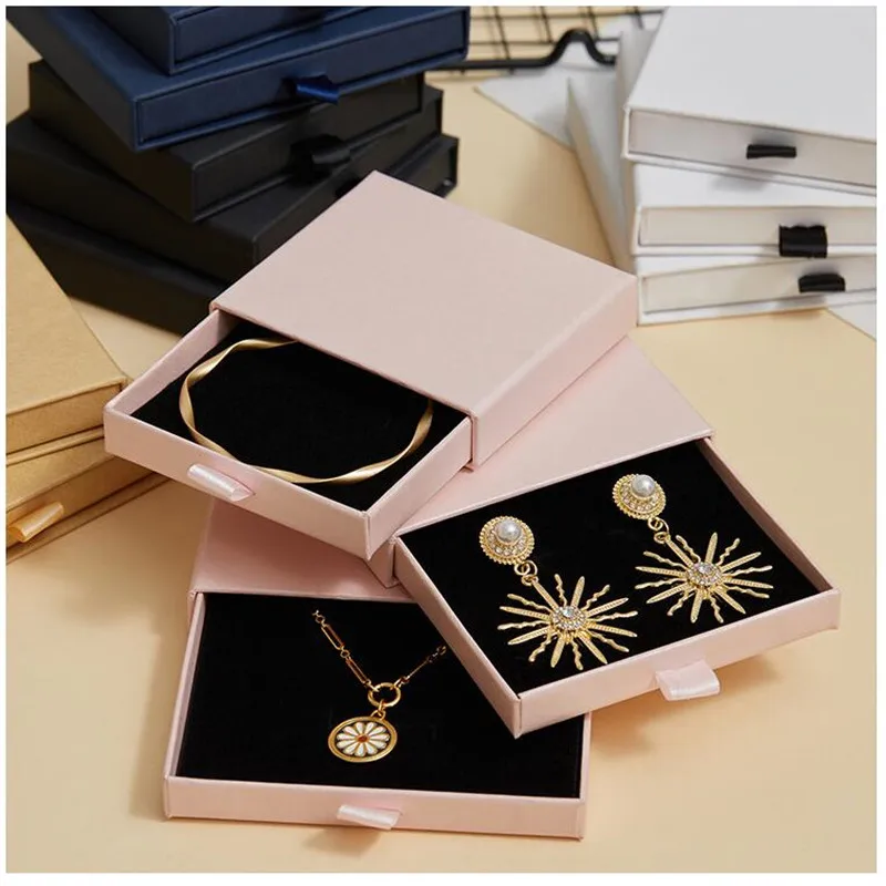 Wholesale 100pcs/lot Jewelry Gift Box Cardboard Paper Slider Boxes Custom Logo Earring Necklace Ring Boxes bulk drawer cardboard images - 6