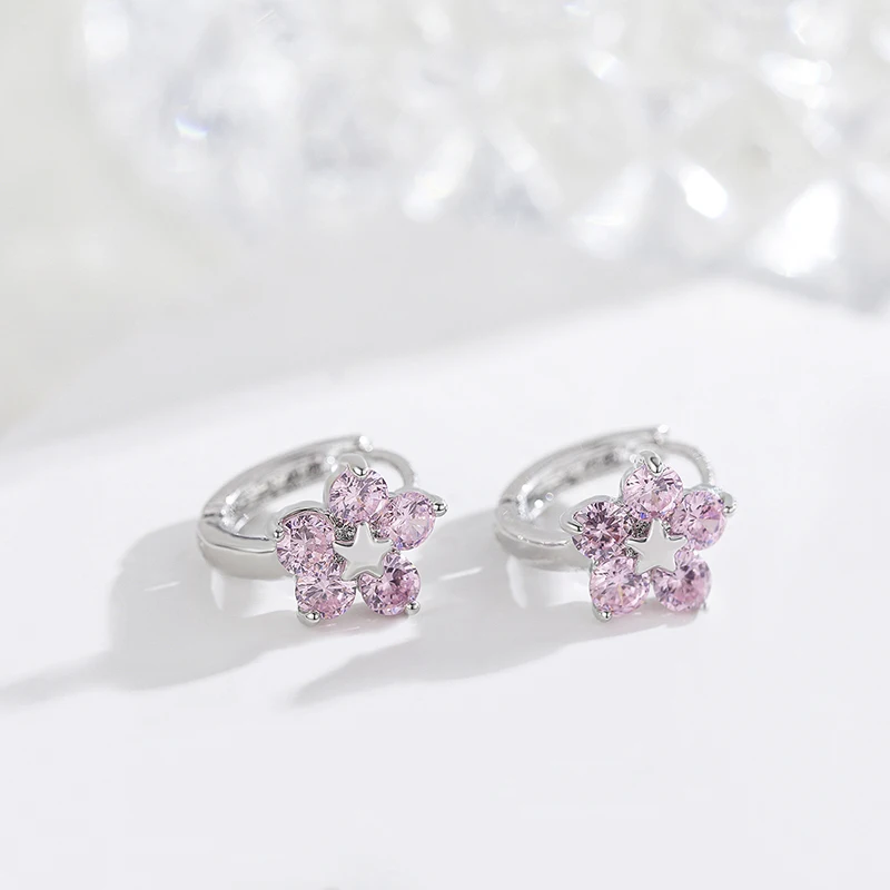 Милые серьги-кольца с пятиконечными Розовыми Фианитами маленькие круглые петли