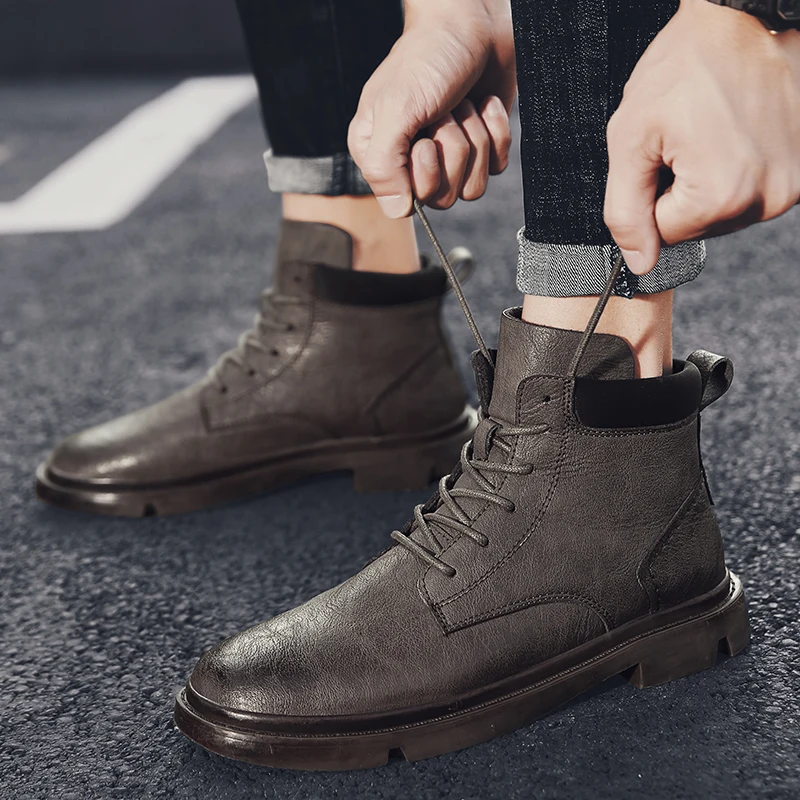 Ботильоны мужские из натуральной кожи мотоциклетные Нескользящие полусапожки