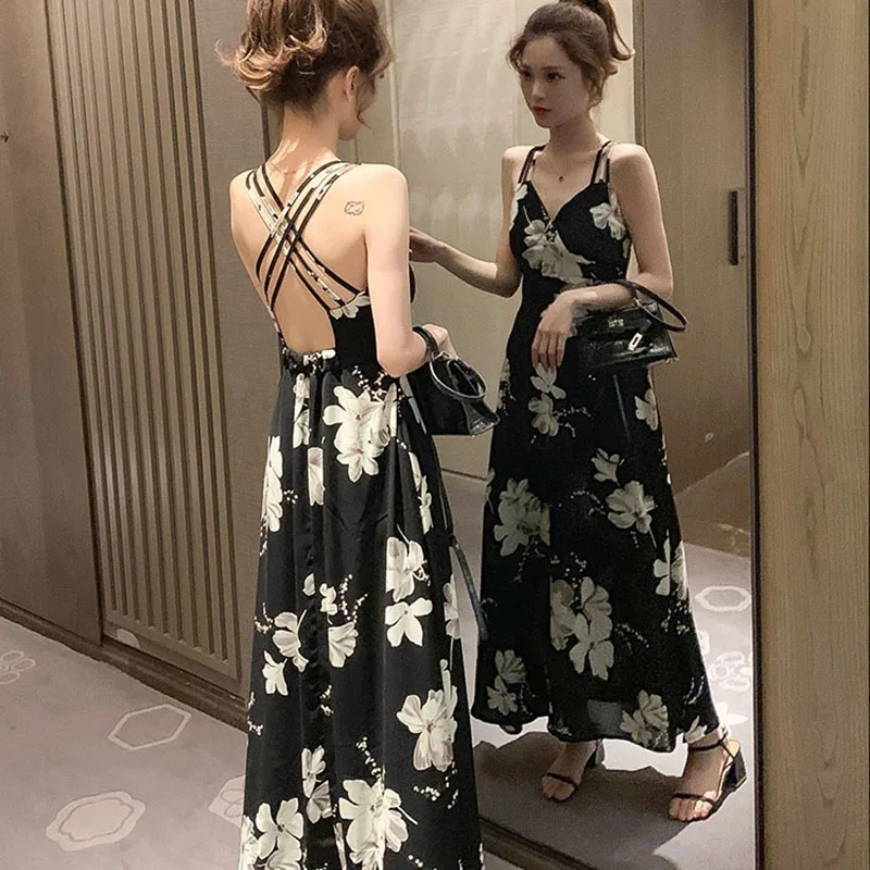 

Summer Sexy V-neck Printing Long Dresses Elegant Backless Chiffon Bohemian Beach Dress Korean Style Slim Dresses For Women Party