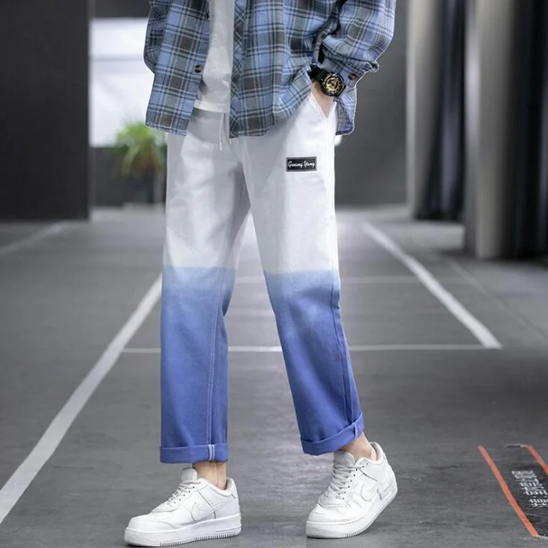 Men Jeans Cropped Fashion Gradient Color Drawstring Casual Denim Pants Male Streetwear Baggy Jeans Trousers