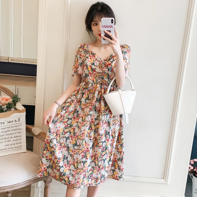 

Long Summer 202 New Large Size Loose Short Sleeve French Retro Minority Chiffon Floral Dress for Women