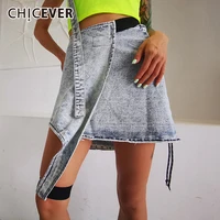 chicever asymmetrical denim skirt for women high waist irregular hem casual blue mini skirts female 2021 summer fashion clothing
