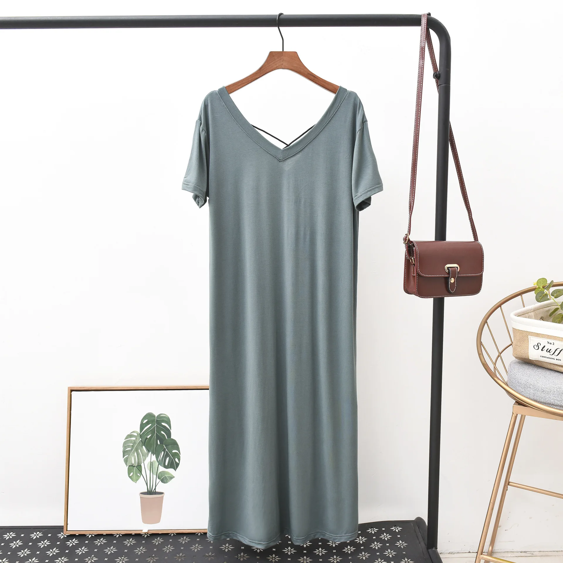 

2021 Summer New Modal Back Hollow Out Dress Women's Loose Large V-neck Short Sleeve Solid Long Skirt A-Line Solid Casual