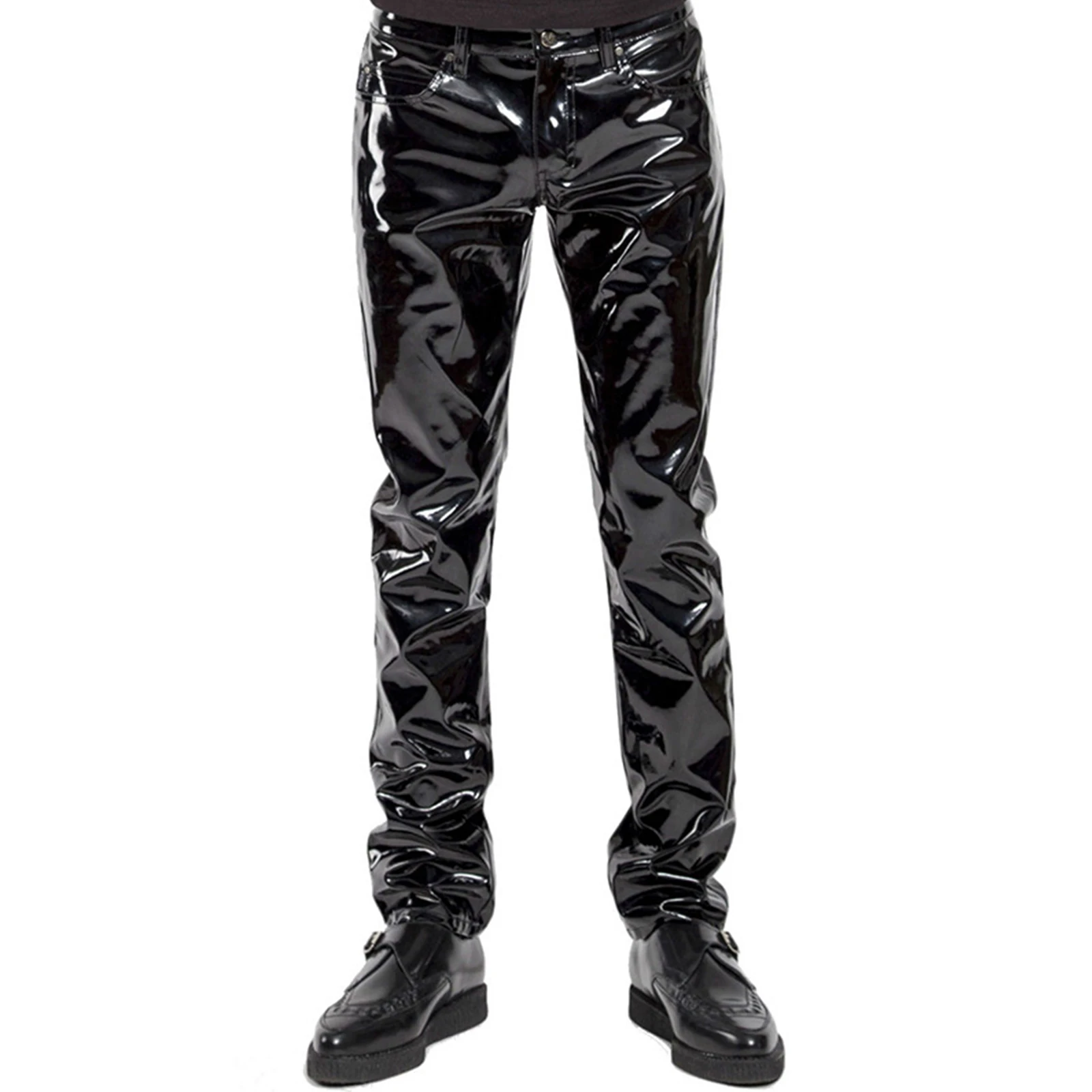Men Latex Long Pants Shiny Wet Look PU Leather Pants Glossy Mid Waist Straight Trousers Party Bar Nightclub Stage Show Costume