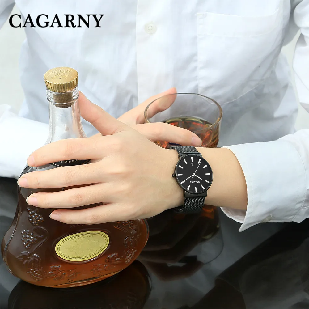Cagarny Thin Men's Quartz Watch Luxury Stylish Simple Stainless Steel Strap Date Display Hours Relogio Masculino | Наручные часы
