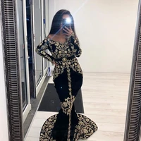 black moroccan kaftan evening dresses sexy mermaid applique long sleeve dubai muslim prom dress algerian arabic dresses