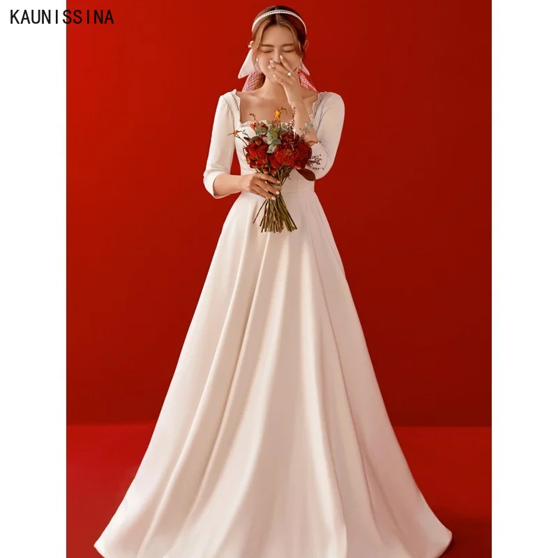 

KAUNISSINA Elegant Simple Wedding Dresses Women Three Quarter Sleeve Square Collar Floor-Length Bridal Gowns A-Line Bride Dress