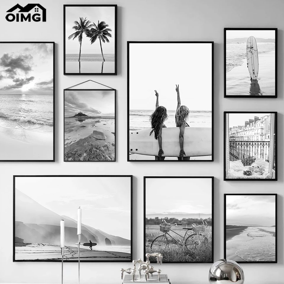 

Sea Beach Surfing Poster Ocean Wave Girl Canvas Prints Black White Coconut Tree Bike Painting Wall Art Picture Home Decor