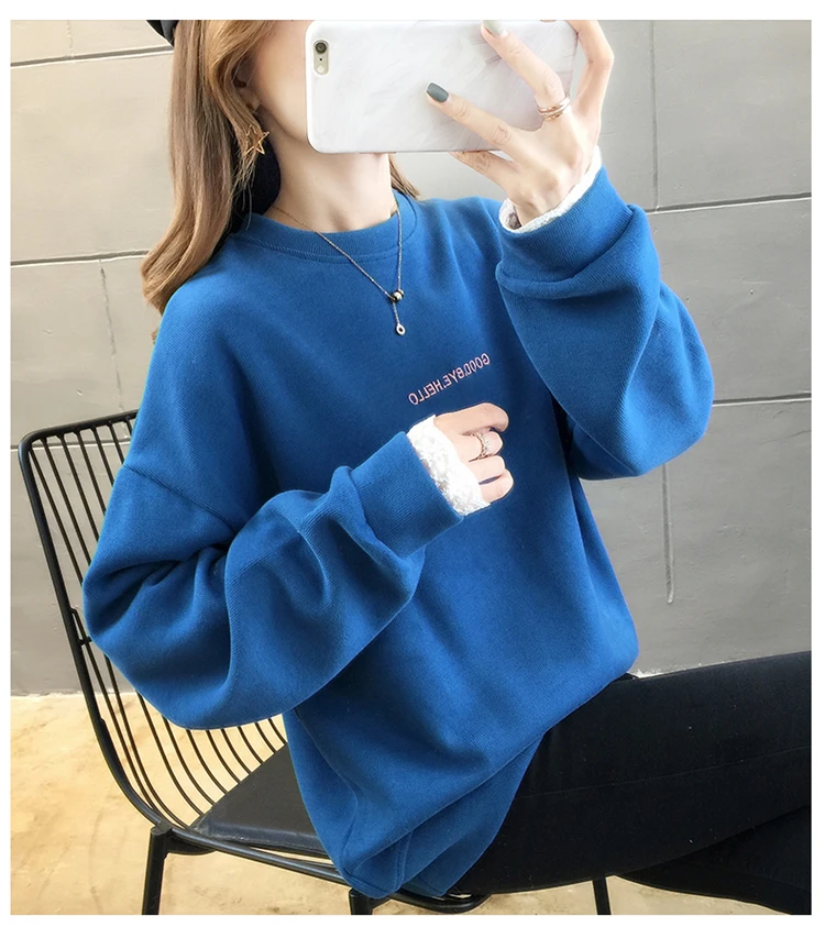 

2019 Autumn Winter Women Hoodies Pullover Loose Fleece Thick Female O-neck Long Sleeve Sweatshirt Hoodie Casual Coat