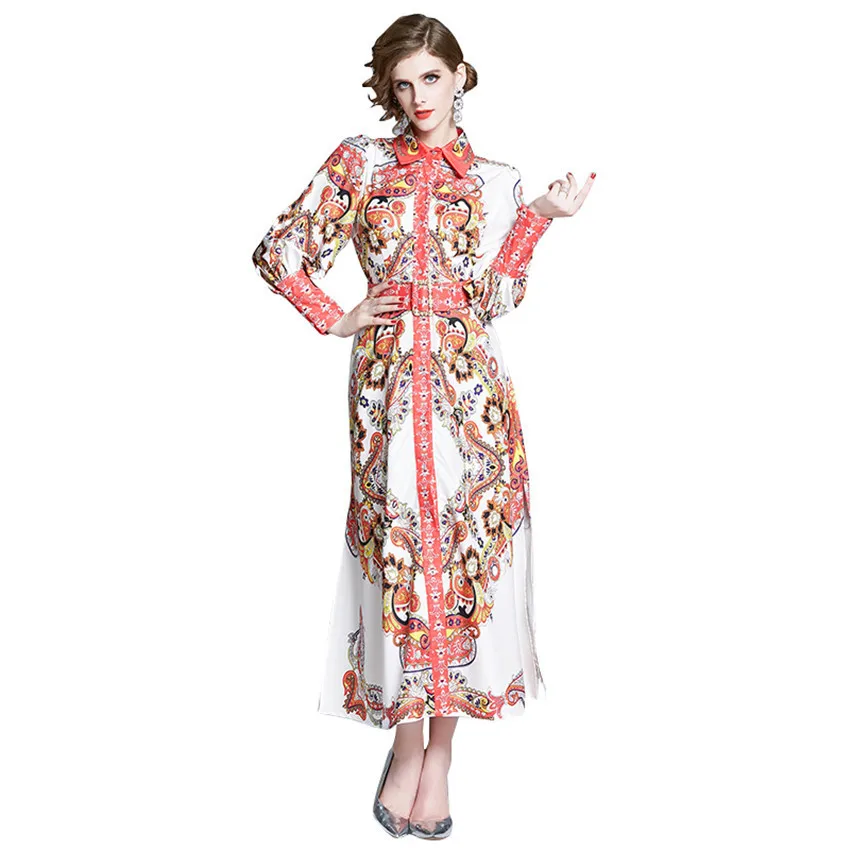 

Runway Dress 2020 Spring New Bohemian Maxi Dress European Style Print Vintage Long Shirt Dresses Lantern Sleeve Robe Femme