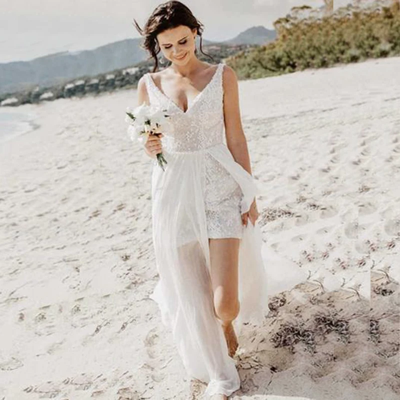 Кружевное Свадебное платье невесты с открытой спиной глубоким V-образным вырезом