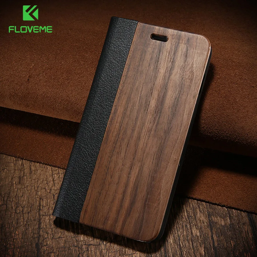 KISSCASE Дерево чехол для iPhone 8 7 6s Plus чехлы из натуральной бамбука Флип кожаный