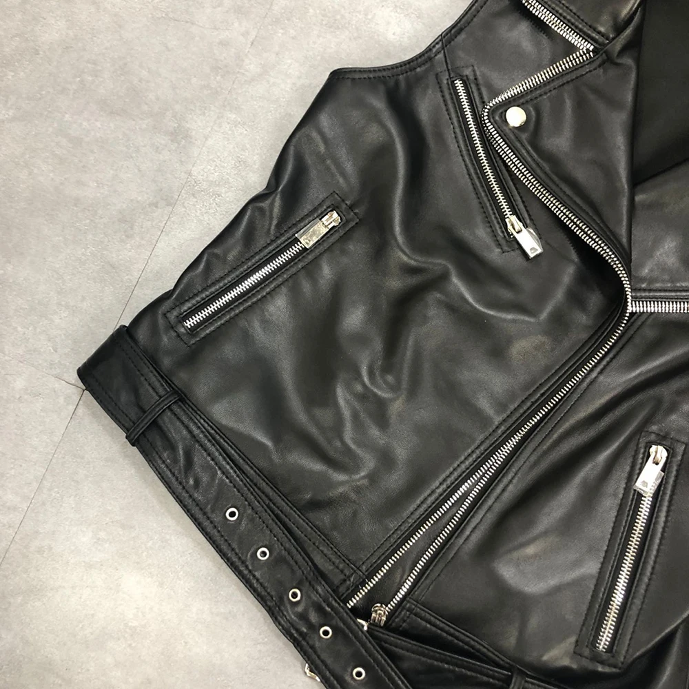 JAZZEVAR 2021 New High Fashion Street Women Real Sheep Skin Zipper Leather Vest Female Genuine Leather Black Motorcycle Jackets