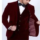 Мужские Бархатные костюмы бордового цвета, облегающий блейзер из 3 предметов, индивидуальная сборка, винно-красный пиджак для жениха и выпусквечерние вечера, смокинг, брюки, жилет, 2020