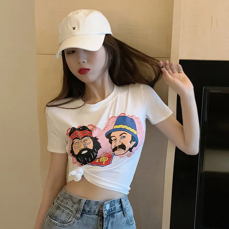 

High waist short t-shirt female 2021 new summer Korean open navel thin short sleeve blouse