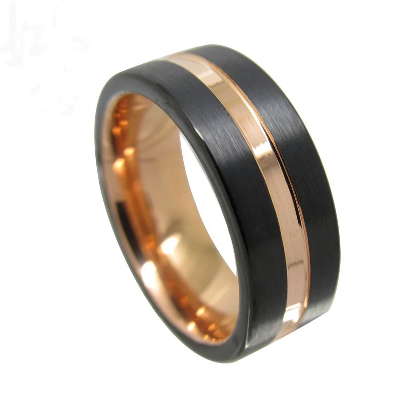 

8mm Width Black Tungsten Ring for Engagement High Polished Men's Wedding Ring Band with Rose Gold Groove Outside Brushed Finish