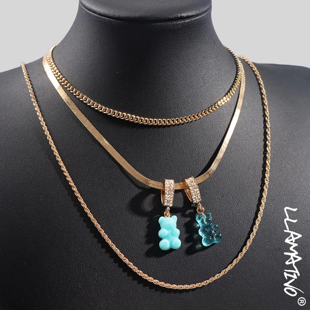 

2021 New Multilayer Blue Resin Gummy Bear Pendant Necklace For Women Girl Trendy Metal Snake Chain Choker Necklaces Jewelry Gift