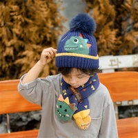 2pcs set winter childrens hat warm scarf knittedcartoon dinosaur beanies scarf set for children girls boys kids accessories