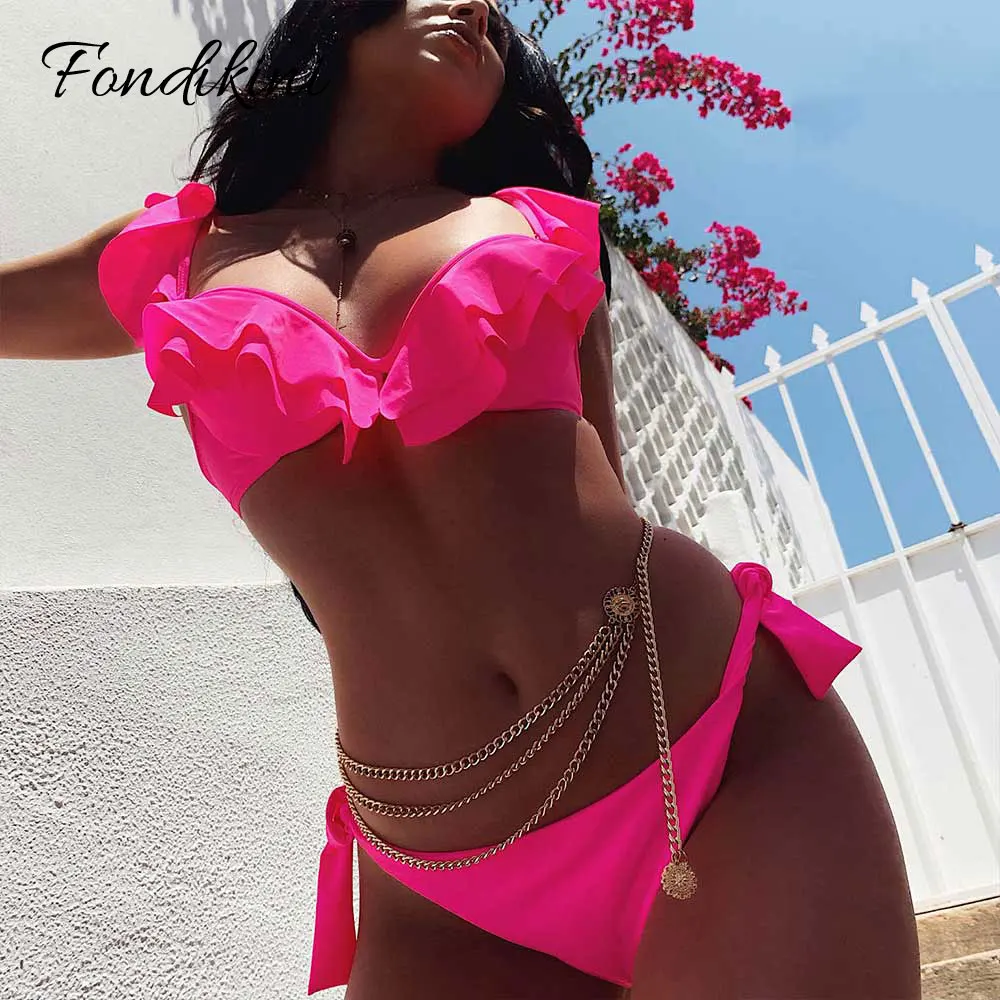 Купальник бикини женский однотонный с чашками пуш ап и рюшами|Купальники| |