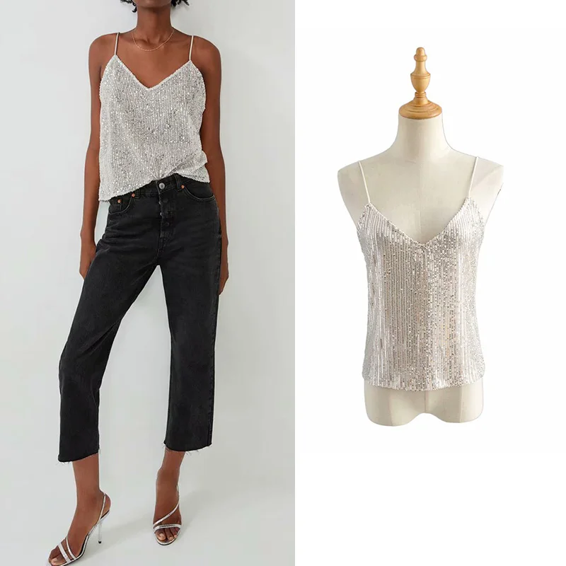 Пикантные женские Топики расшитые блестками серебристые с открытой спиной ropa mujer