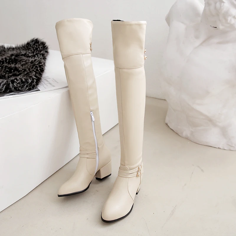 beige boots Большие размеры 48; женские ботфорты выше колена на блочном каблуке с пряжкой и ремешком; высокие сапоги черного и белого цвета; женская зимняя обувь - Цвет: beige boots