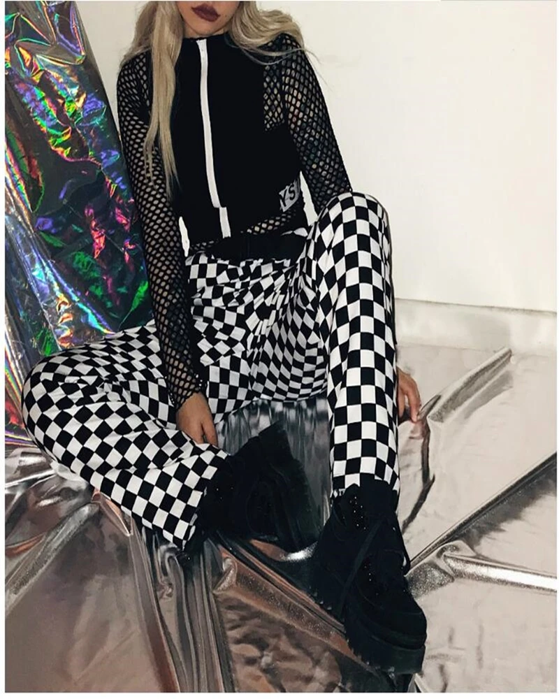 Брюки женские клетчатые прямые с завышенной талией свободные спортивные штаны в