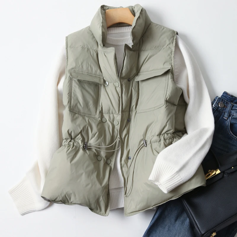 

Duck Down Coat Jacket Women Loose Double Breasted Warm Parkas Female Sleeveless Sash Tie Up Down Outwear