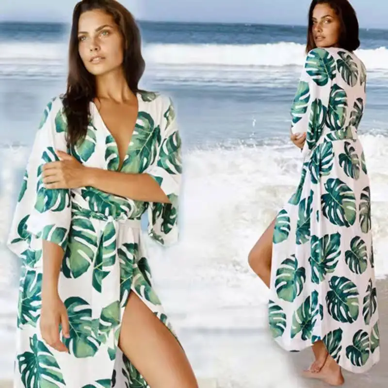 

Summer Women's Bikini Beach Cover up Tunics Leaves Print Shawl Beach Swimwear Bikini Cover Up Wrap Tassels Dress Beachwear