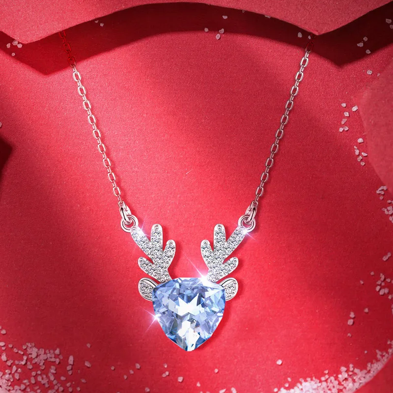 

925 Sterling Silver Link Chain Crystal Deer Elk Charm Pendants Necklace For Women Statement Christmas Jewelry dz633